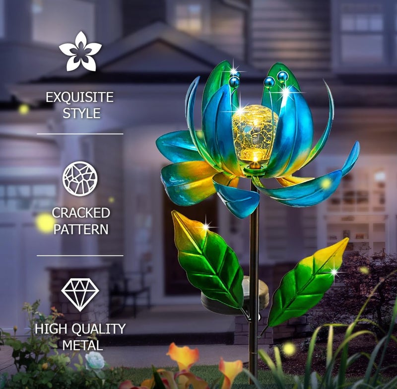 SUCUY Solar Yard Lights Wind Spinners- Metal Lotus Flower Garden Decor LED Crackle Glass Globe Yard Art Sculpture Solar Stake Lights for Patio Pathway Lawn Walkway - Image 2